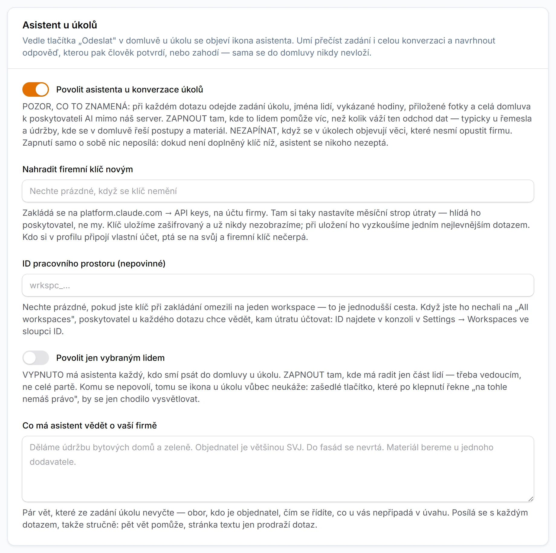 Sekce Asistent u úkolů: přepínač Povolit asistenta u konverzace úkolů s vysvětlením, co při dotazu odchází ven, pole pro firemní klíč a ID pracovního prostoru, přepínač Povolit jen vybraným lidem a pole Co má asistent vědět o vaší firmě