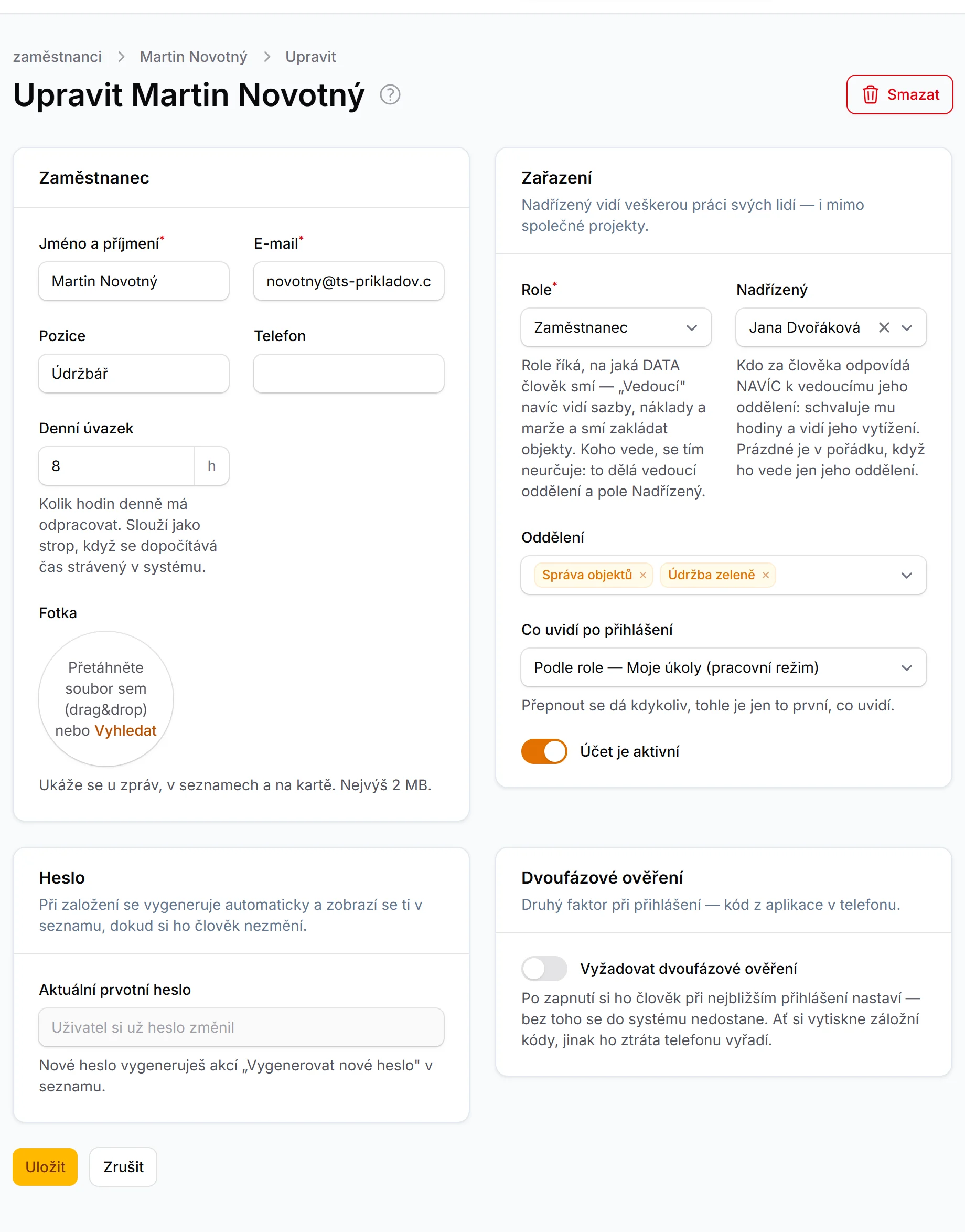 Formulář úpravy zaměstnance: jméno, e-mail, pozice, telefon, denní úvazek a fotka; vpravo role, nadřízený, oddělení, co uvidí po přihlášení a aktivní účet; dole heslo a dvoufázové ověření