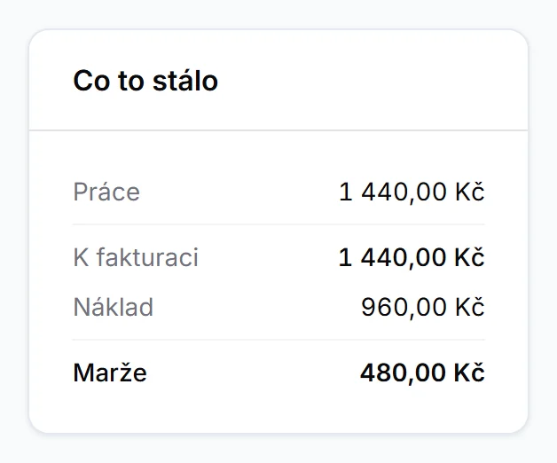 Část karty úkolu Co to stálo: práce, k fakturaci, náklad a marže
