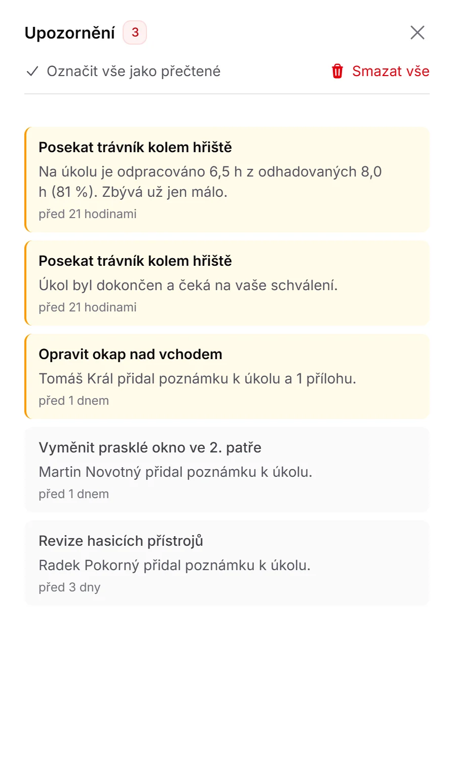 Panel Upozornění se třemi nepřečtenými: úkol přerůstá odhad, úkol čeká na schválení a nová poznámka s přílohou; pod nimi dvě přečtená upozornění na poznámky